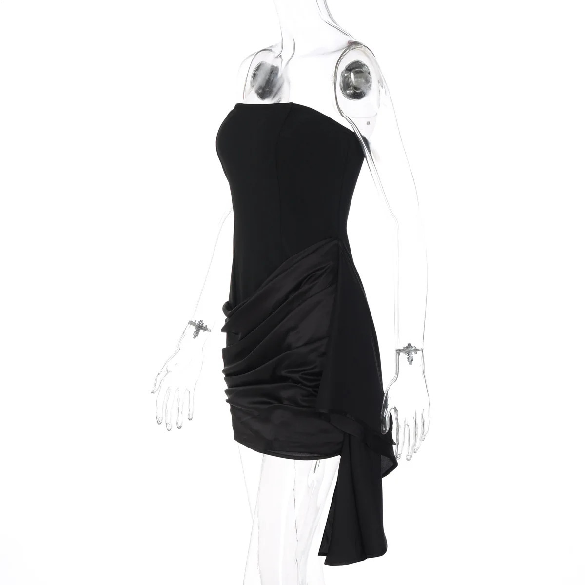 Satin Strapless Backless Mini Off Shoulder Sleeveless Bodycon Ruched Party Dress for Women - Autumn Winter Clubwear C260312
