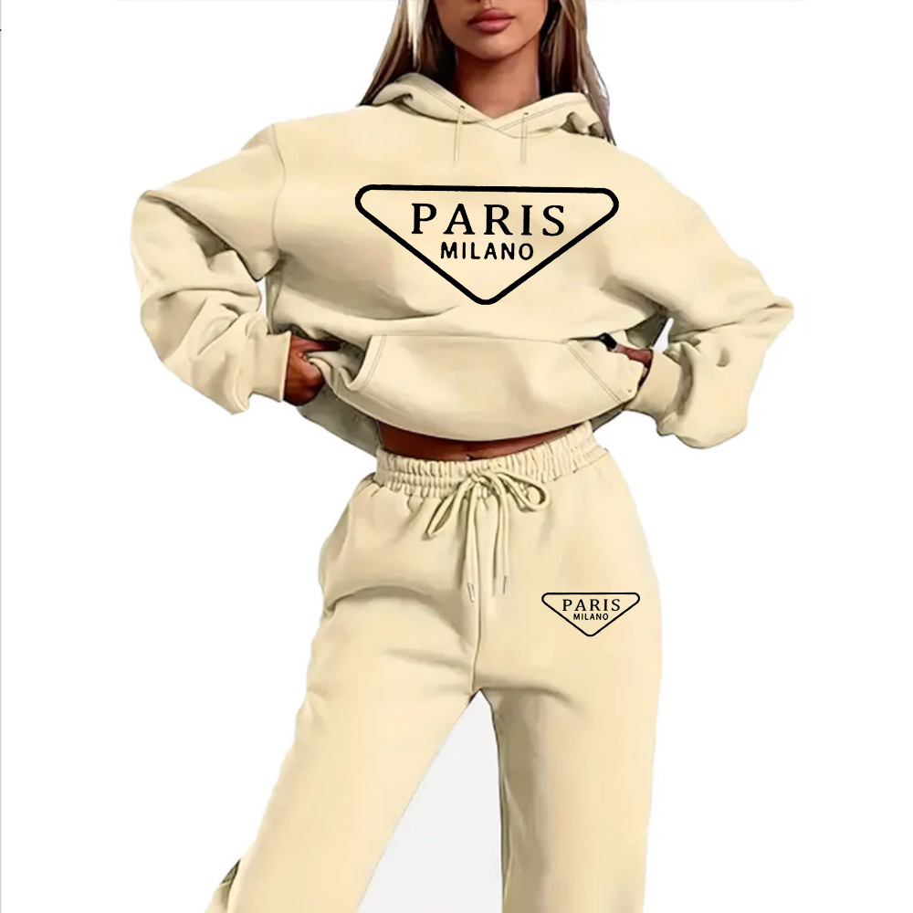 Womens autumn and winter fashionable casual Paris MILANO printed and plush thick warm hooded sweatshirtsports pants set designer
