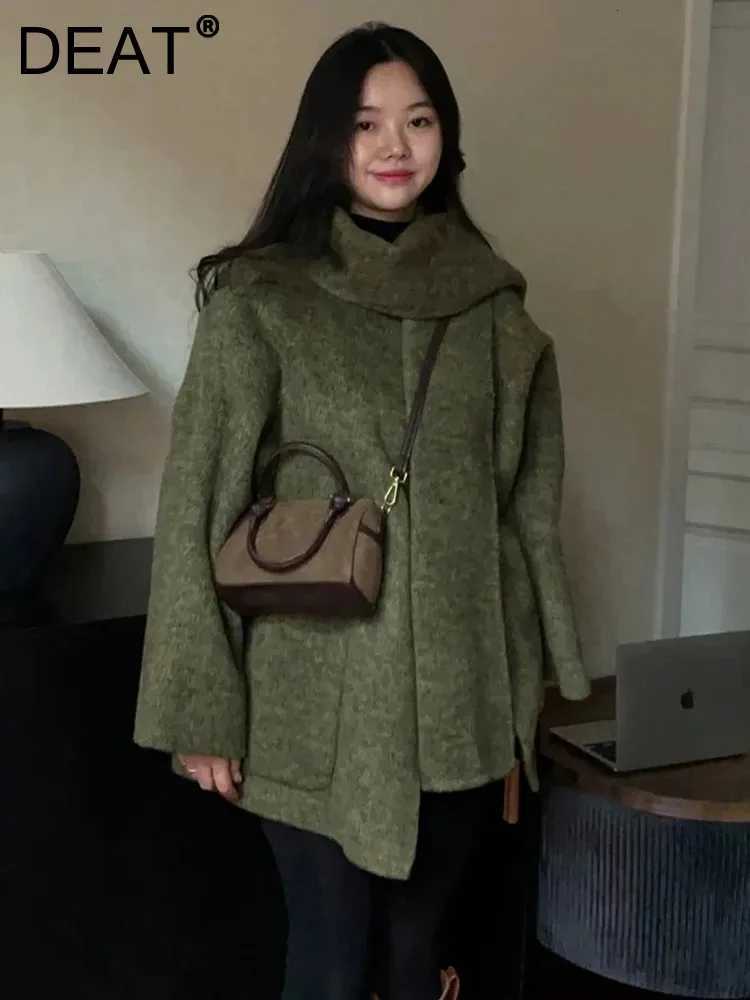 DEAT Fashion Green Scarf Double Side Woolen Coat Womens Loose Covered Button Long Sleeves Blends Coats Autumn NewT251224