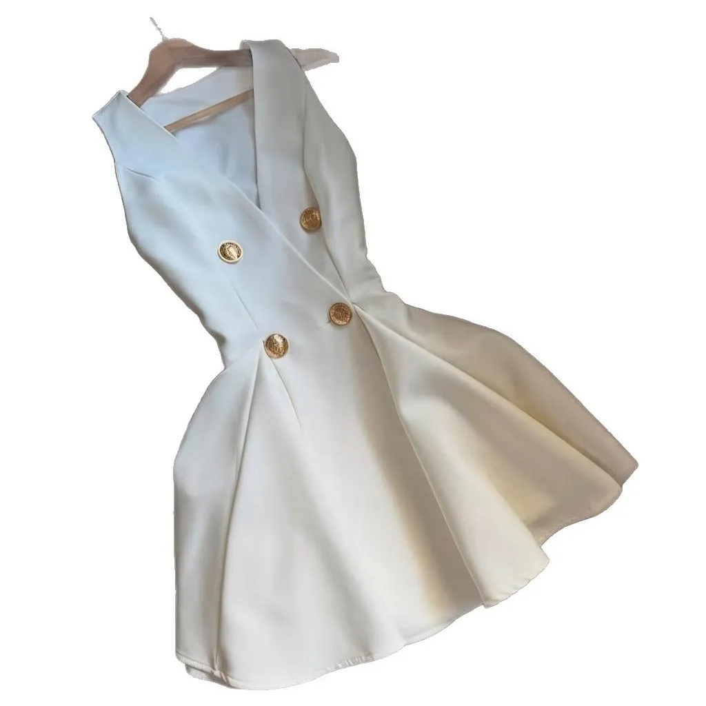 Designer Casual Dresses Women Elegant Sexy Deep V-neck Luxury Slim Dress Black White Button Mini Short Satin Evening Summer Pleated Skirt