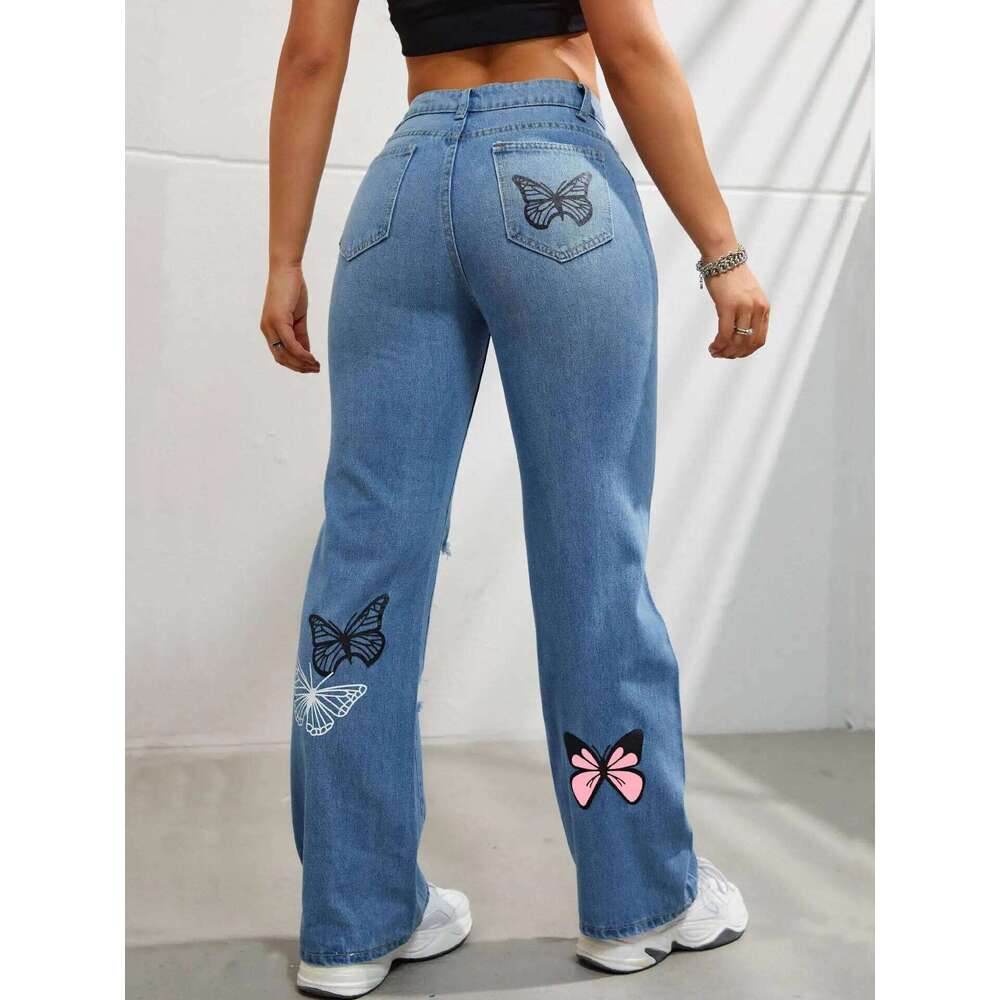 Butterfly Printing Denim Trousers Women Holes Jeans Straight Pants High Waist Loose Fit Vintage 2024 Casual Distressed Denims X251224