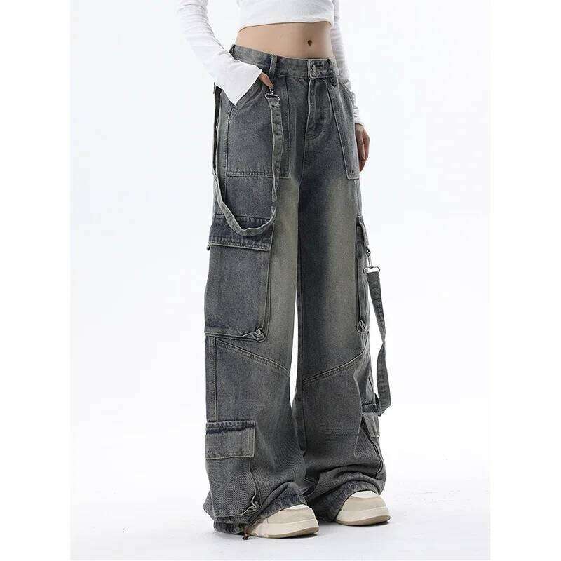 Women Blue Jeans Cargo Streetwear High Waist Wide Leg Pants Fashion Y2K Style Female Winter Straight Trousers X251224