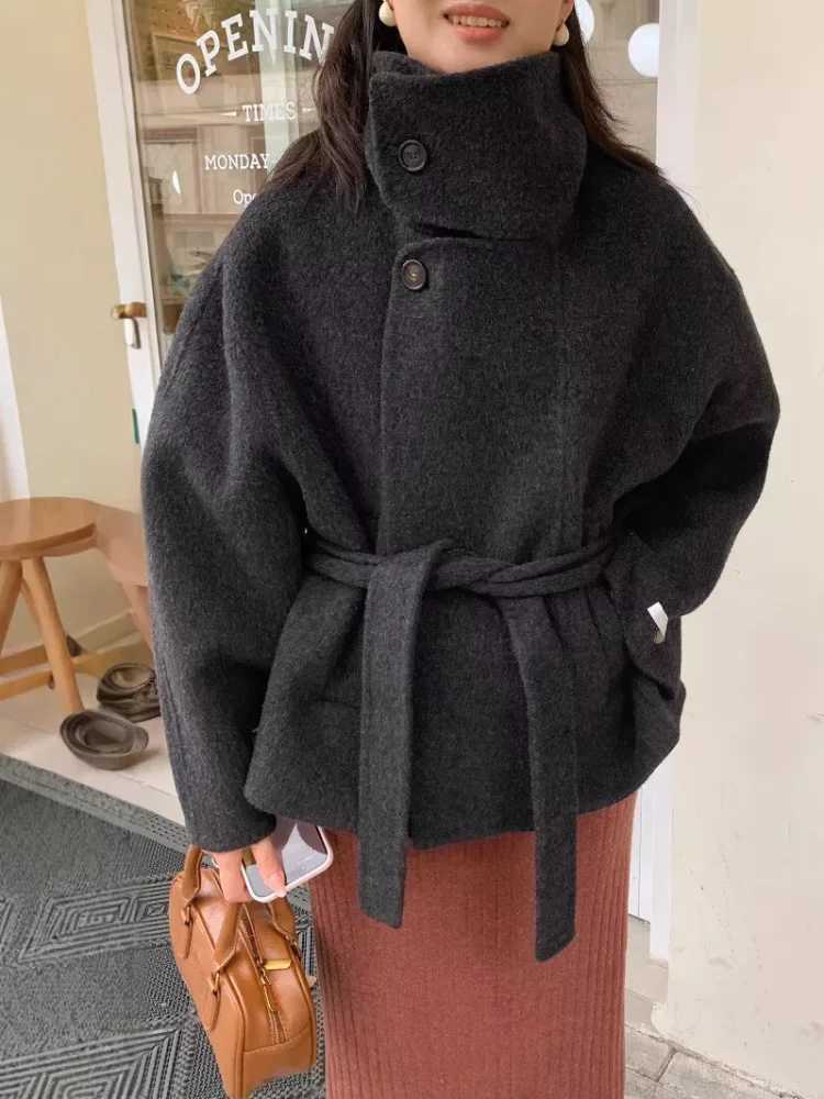 Urban Woolen Belt Women Coat Casual Long Sleeve Button Patchwork Female Jacket 2025 Autumn Winter Fashion Lady StreetwearT251224