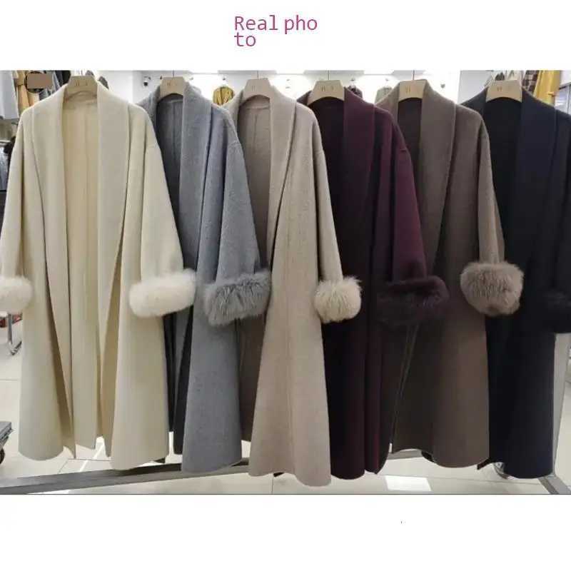 BJTZ Fox Hair Cuffs Double-sided Cashmere Coat Women 2024 Autumn/winter Mid-length Lace-up Loose Coat Fashion SimpleT251224