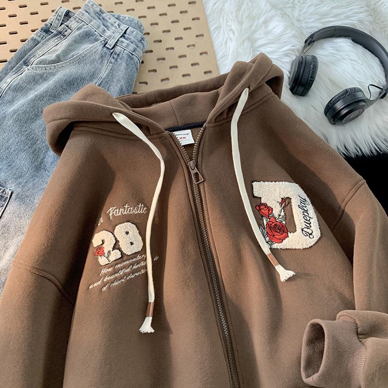 Apricot Letter Embroidered Fleece Hoodie for Men, Retro American Style, Trendy Couples' Outerwear for Spring & Autumn