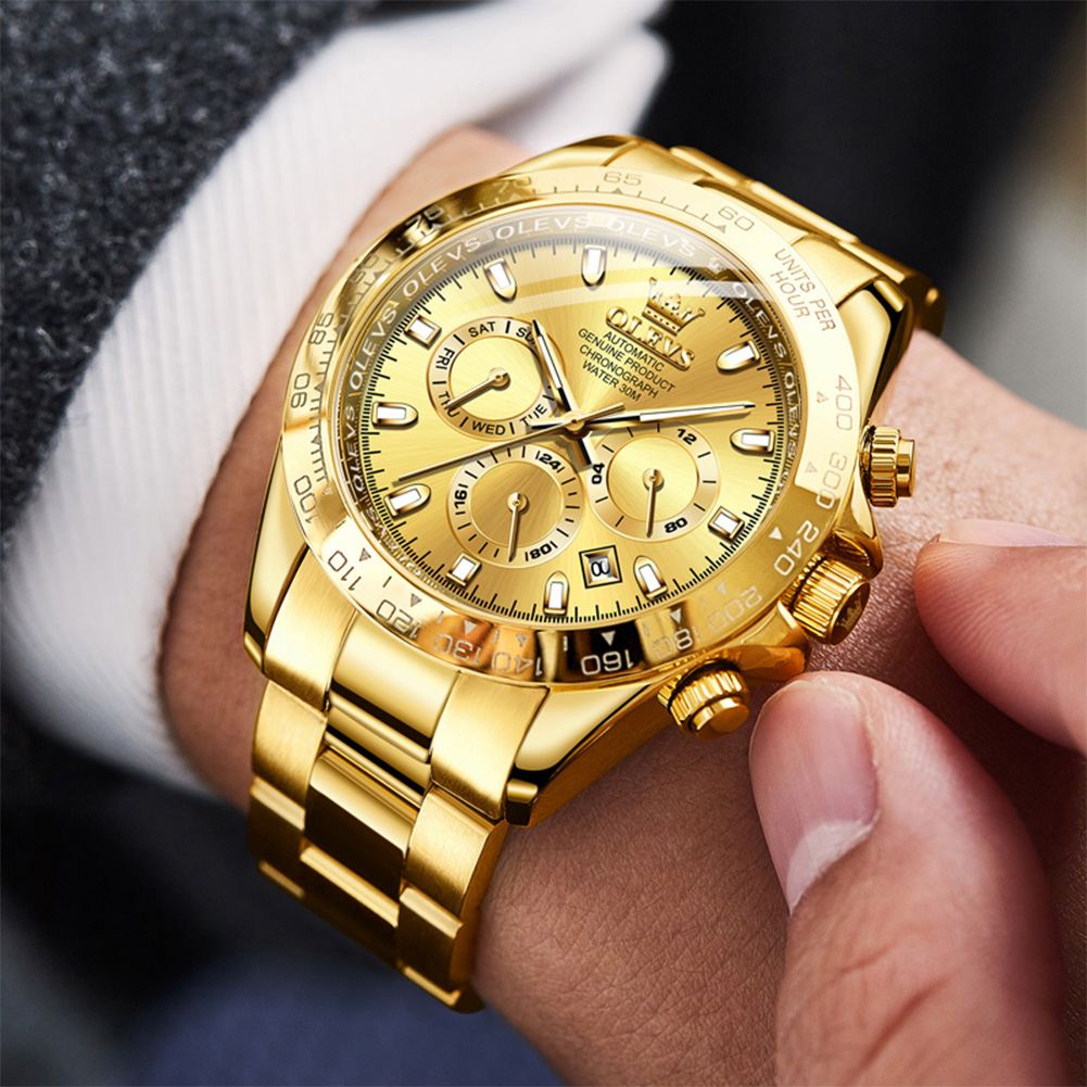 OLEVS Fully automatic mechanical watch, stainless steel large dial, luminous three eye calendar men's watch, Elegant and multifunctional men'