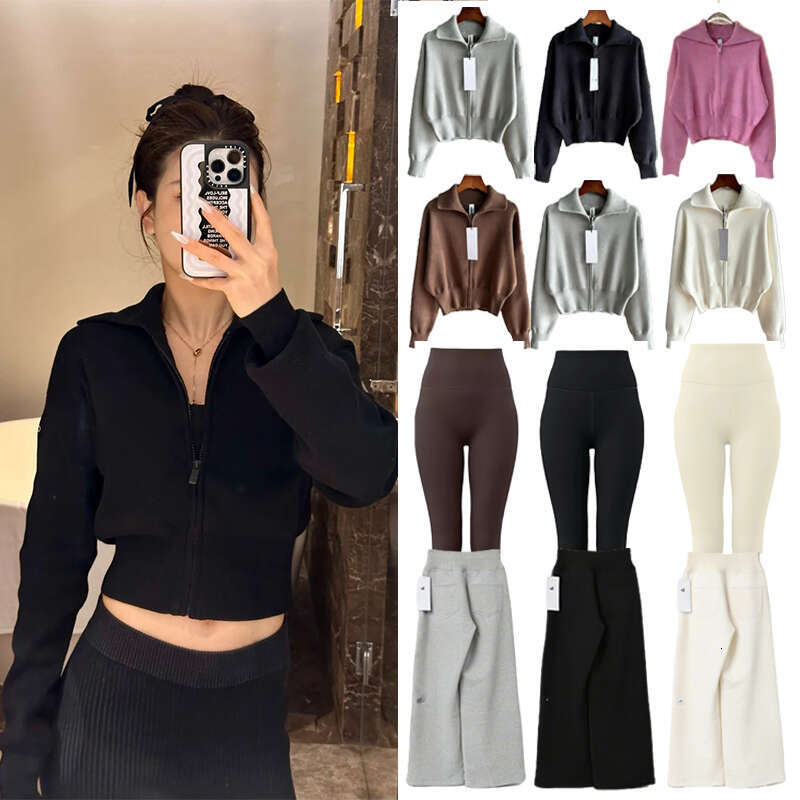 Crop Top Alonessities Sets Women Clothes Pant Jacket Sets Spicy Girl Knit Thick Warm Wide leg Knit Pants Set Alonessities Jacket Women Yogas Leggings Sets