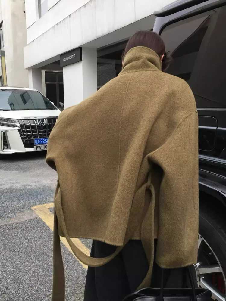 DFDG 2025 Fall Winter Womens Handmade Wool Coat Double-Faced Belted Cropped Jacket Oversized Stand Collar Designer OuterwearT251224