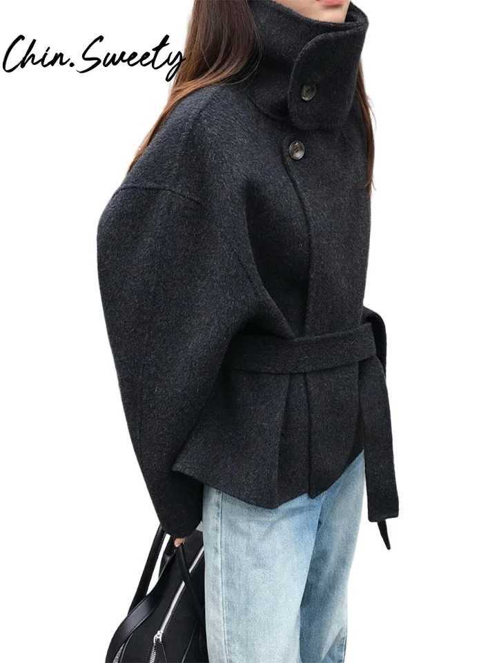 Urban Woolen Belt Women Coat Casual Long Sleeve Button Patchwork Female Jacket 2025 Autumn Winter Fashion Lady StreetwearT251224