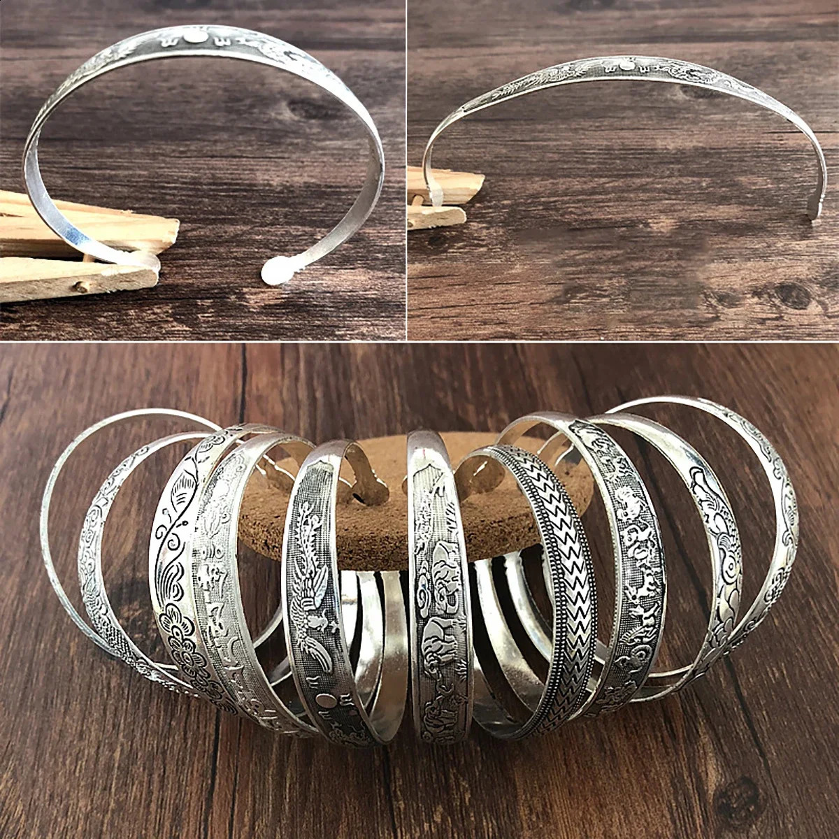 Retro Cuff Bracelets Tibetan Silver Metal Carving Fish Elephant Flower Bangles Vintage Gypsy Jewelry Female Gifts 251219