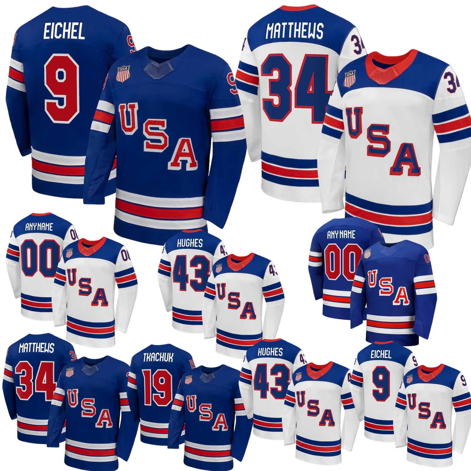 2026 USA Hockey Jersey #34 Auston Matthews #43 Kyle Hughes 25 Charlie McAvoy Brady Tkachuk Matthew Tkachuk Dylan Larkin J.T. Miller PATRICK Kane Women Youth White Blue