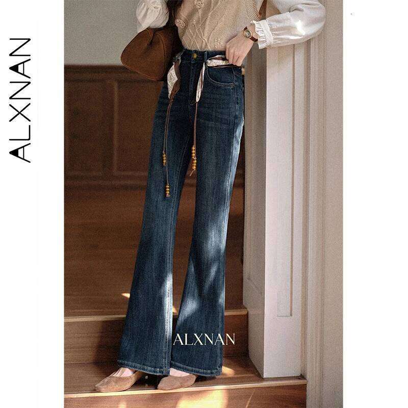 ALXNAN Vintage Blue Flared Women's High-waist Slim-fit Cotton Denim Jeans 2025 Autumn Winter Casual Female Pants L57012 X251224