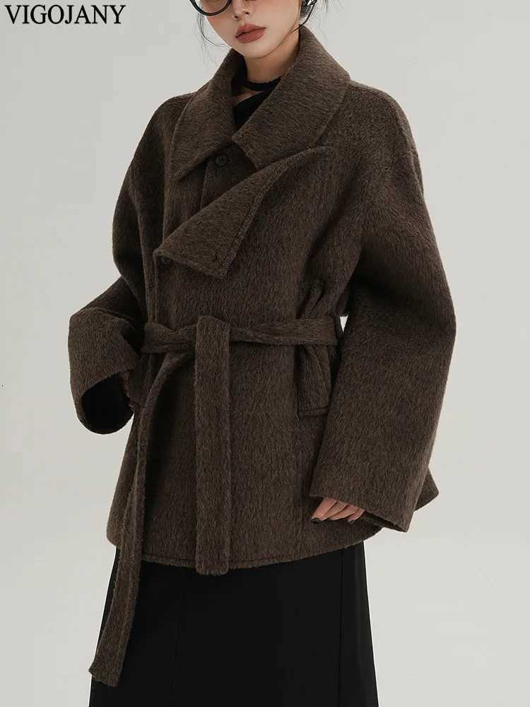 2025 Women Brown Nature 100 Wool Coat Elegant Long Sleeve Loose Cashmere Jacket Winter Lady Casual Turndown Collar Woolen CoatT251224