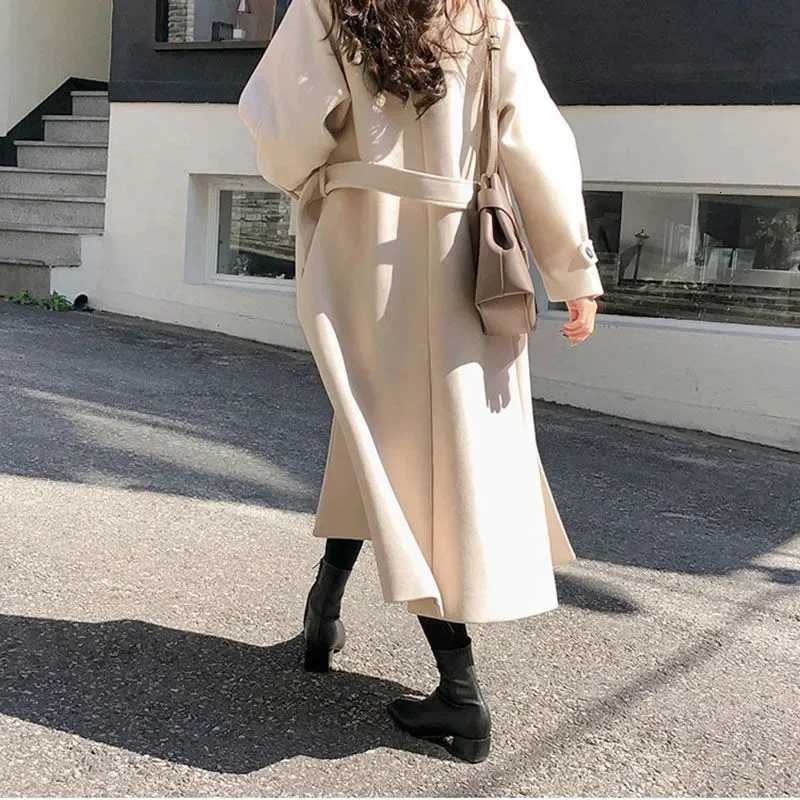 2025 Autumn/Winter New Korean Loose Woolen Jacket Coat Female Slim Temperament With belt Womens Thicken Long Wool OvercoatT251224