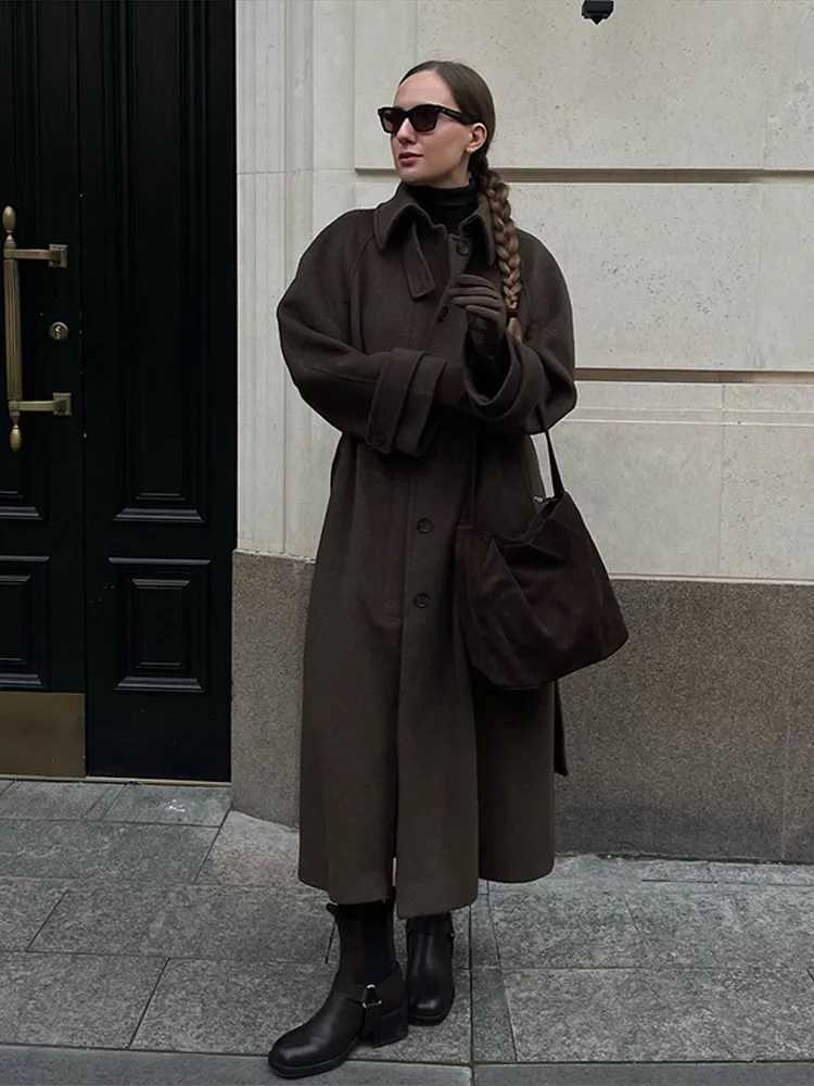 Elegant Lace Up Woolen Coats Women Solid Full Sleeve Single Breasted Turn-down Collar Long Coat Female 2026 Spring Lady OutwearT251224