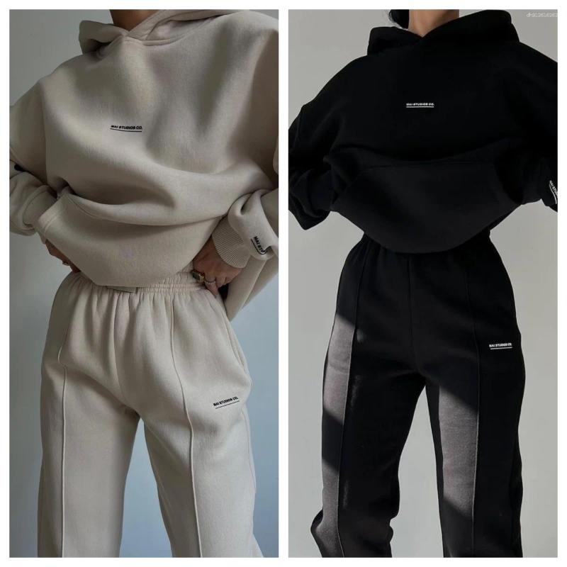 Women's Tracksuits Selling European And American Autumn Winter Fashion Solid Color Hooded Hoodie Casual Two Piece Set