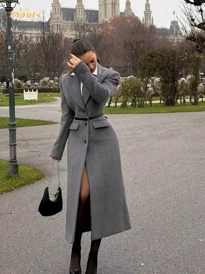 Grey Lapel Long Woolen Blend Overcoat Women Elegant Full Sleeve Single Breasted Waist Cinching Coat Lady Daily Street OuterwearT251224