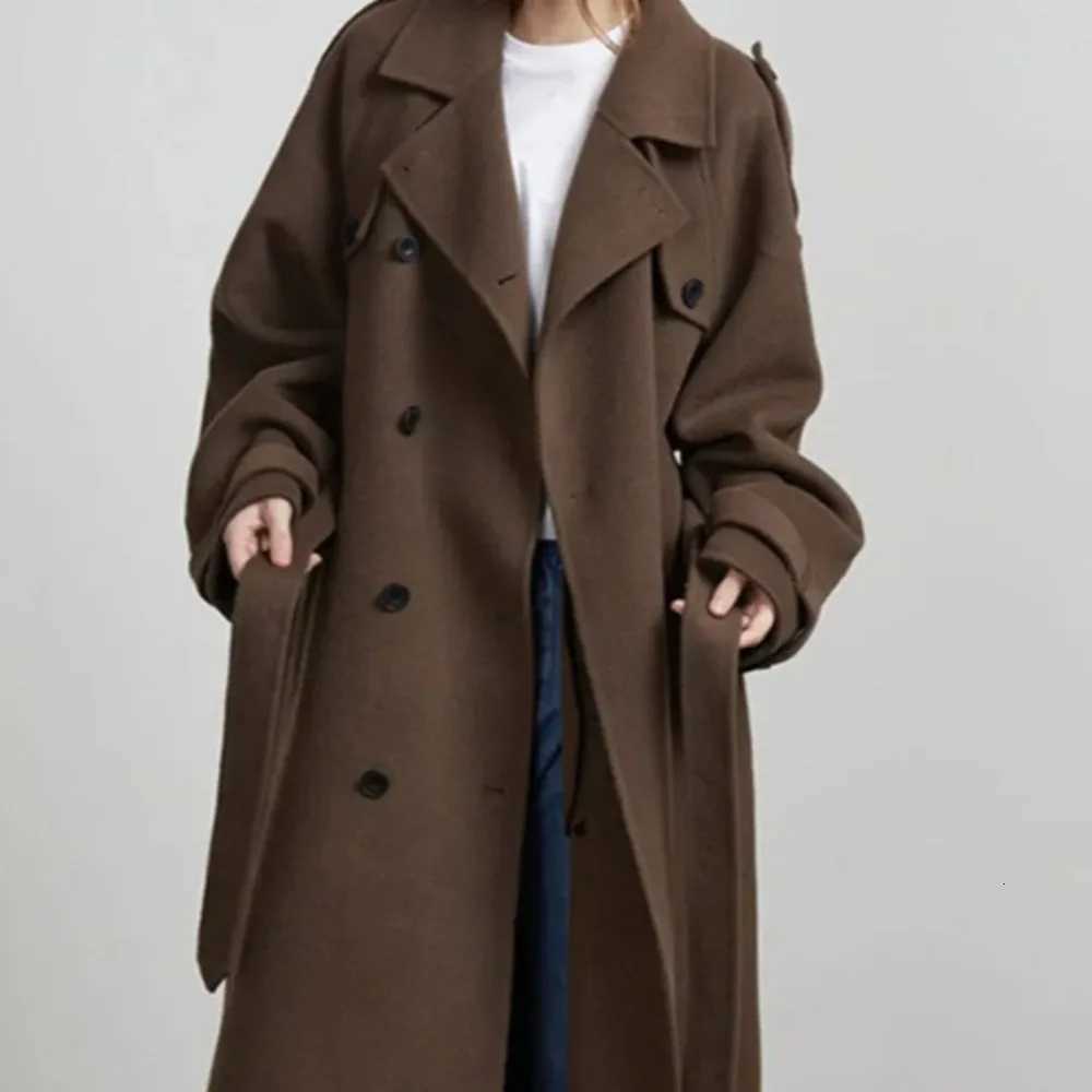 Women Fashion Brown Woolen Coat Double Breasted Long Sleeve Lapel Blends Jacket Autumn Winter High Street Windproof OuterwearT251224
