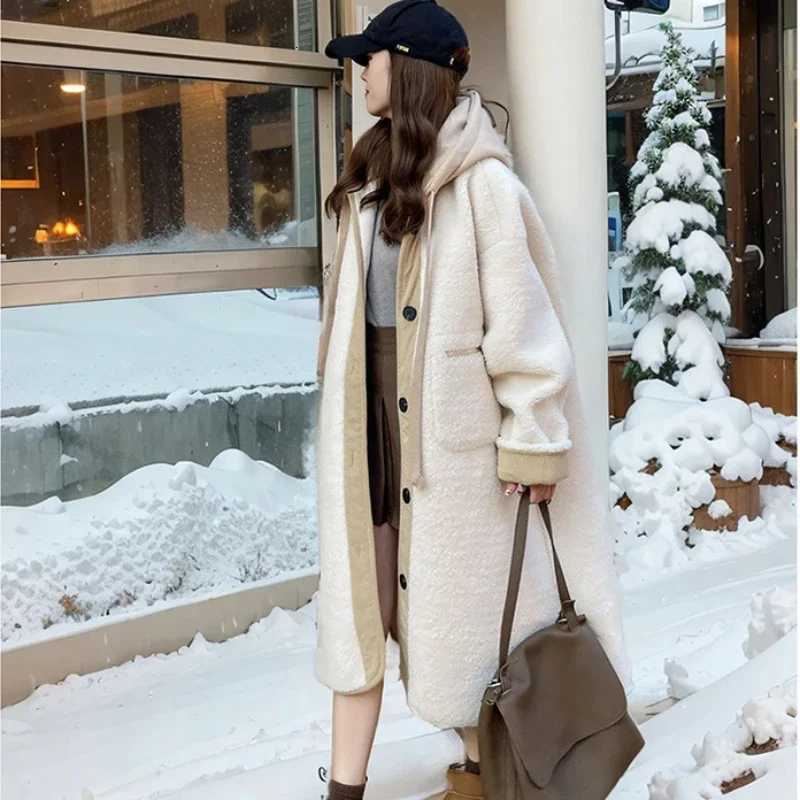 Hooded Wool Coats Women Autumn Winter Thicken Korean Style Casual Lambswool Loose Simple All-match Streetwear Patchwork ElegantT251224