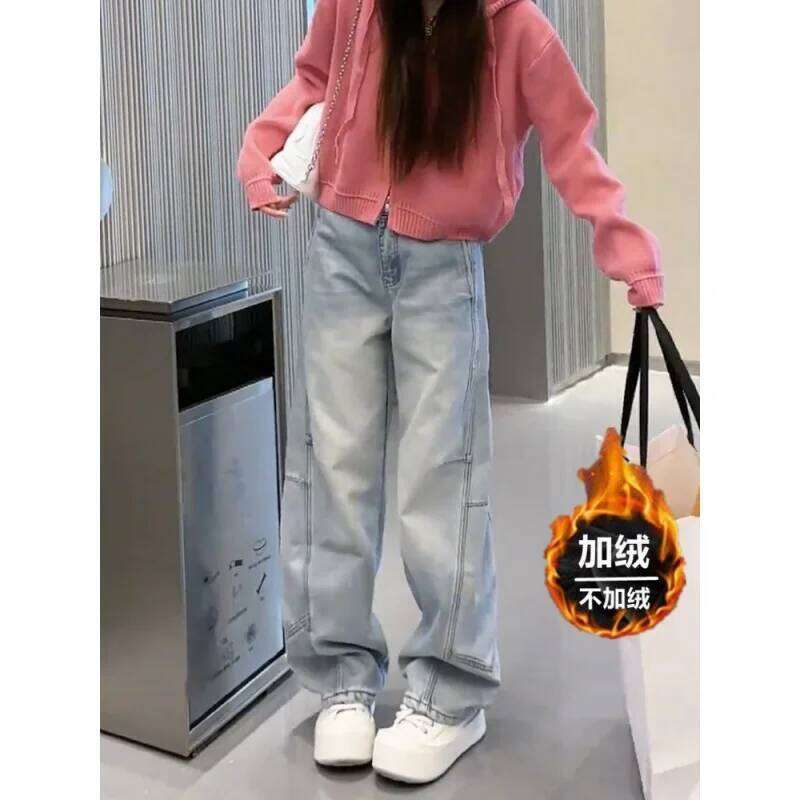 Plus Size Women's Winter Thick Fleece-Lined Wide-Leg Straight Jeans for Pear-Shaped Figures X251224
