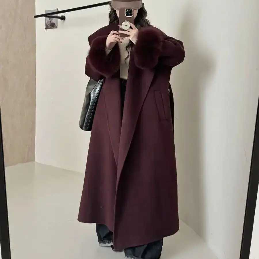 BJTZ Fox Hair Cuffs Double-sided Cashmere Coat Women 2024 Autumn/winter Mid-length Lace-up Loose Coat Fashion SimpleT251224