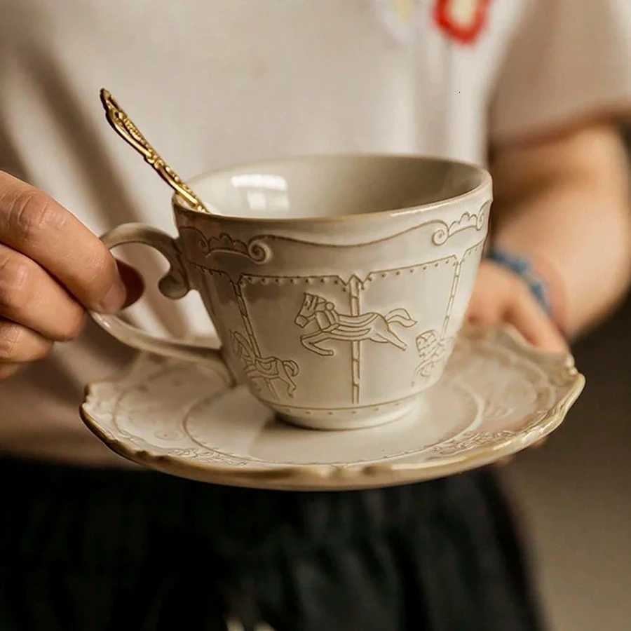 Nordic Style White Ceramic Coffee Cups Set Carousel Design Cups Set with Teapot with Plate Breakfast Milk Cup Excellent Gift C251224 - view 4