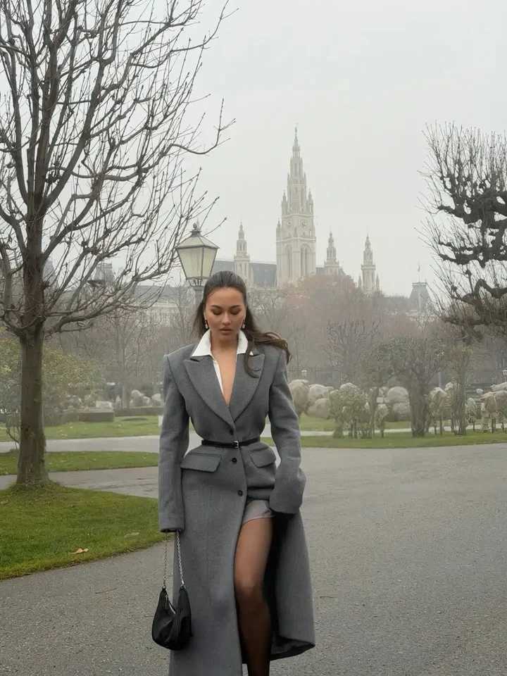 Grey Lapel Long Woolen Blend Overcoat Women Elegant Full Sleeve Single Breasted Waist Cinching Coat Lady Daily Street OuterwearT251224