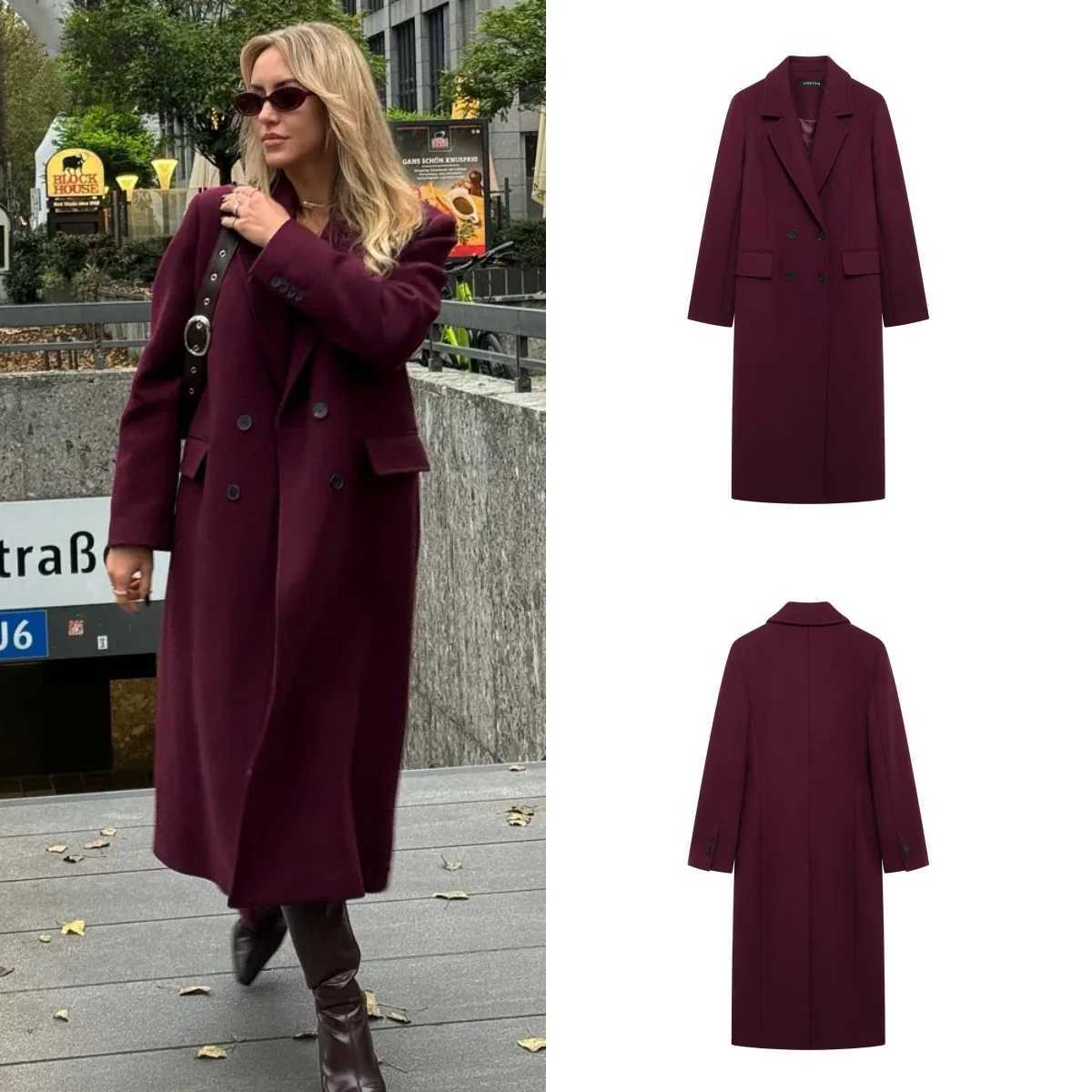 Women Fashion Burgundy Woolen Coat Double Breasted Long Sleeve Lapel Blends Jacket Autumn Winter High Street OuterwearT251224