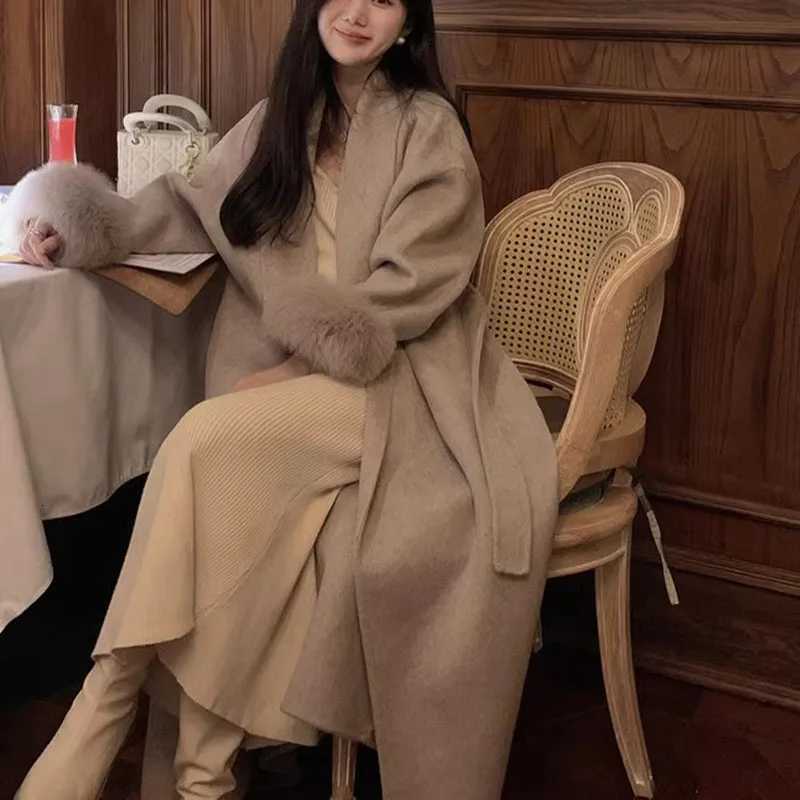 Autumn Winter New Double-Sided Cashmere High Quality Womens Woolen Coat 2025 Fashionable Fox Fur Sleeve Women Woolen Coat H700T251224