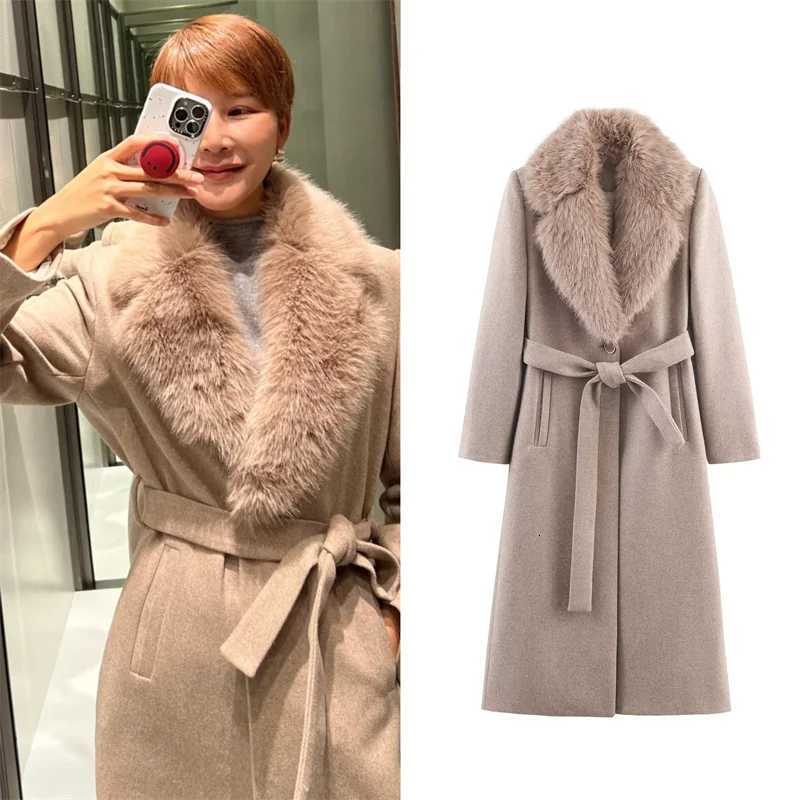 Womens Coat 2025 Autumn New Arrivals Khaki Long-Sleeve Belted Faux Fur Collar Coat Casual FashionT251224