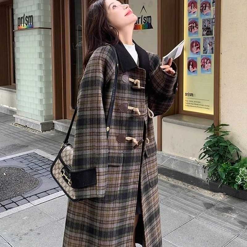 Vintage Plaid Midi Woolen Coats Women Winter Quilted Elegant Preppy Horn Buttons Outwear French Loose Casual Student Simple TopsT251224