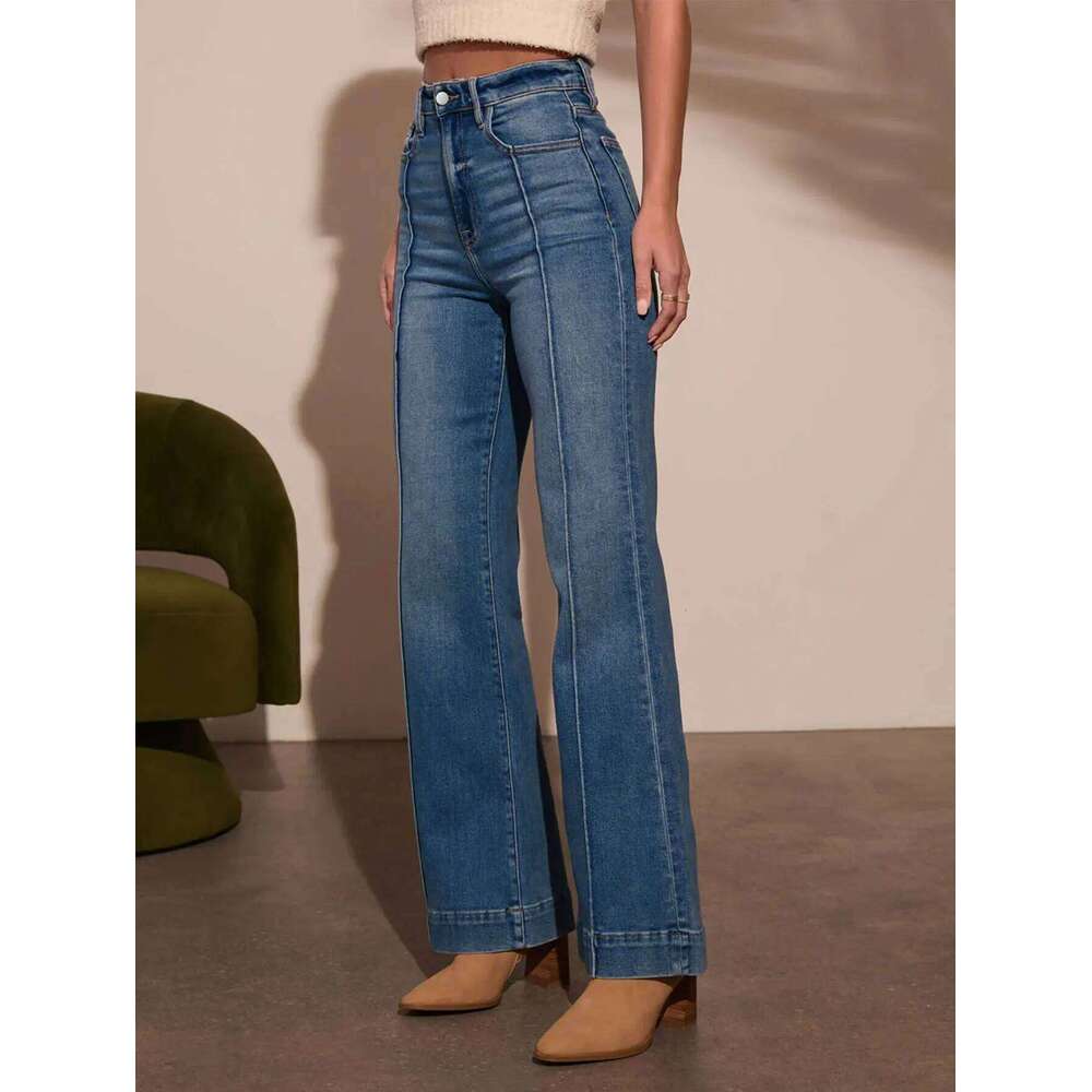 Autumn new women's dark blue high waist straight slim fit wide leg version stretch denim fabric elegant intellectual jeans X251224