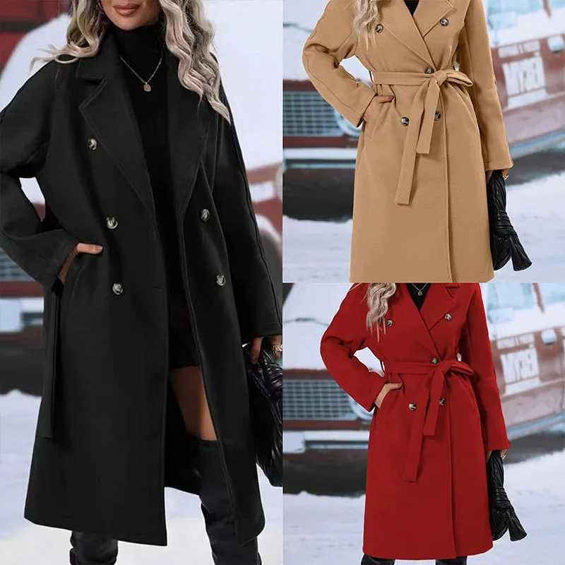 Women Long Wool Blend Coats Female Turn Down Collar Thick Long Double Breasted Button Trench Overcoat JYFS-9238T251224