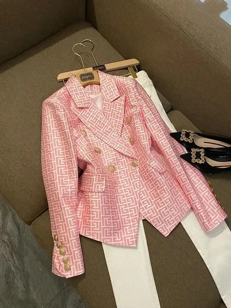 Women's Blouses France Fashion Double Breasted Pink Geometric Jacquard Slim Suit Jacket Vintage Aesthetic Office Lady Formal Coats