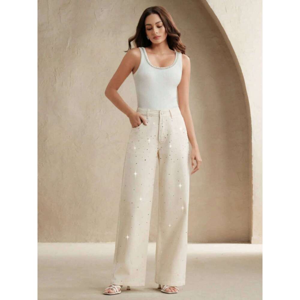 2025 autumn new style white women's wide-leg jeans with colorful diamond design loose fit slimming effect and good draping qua X251224