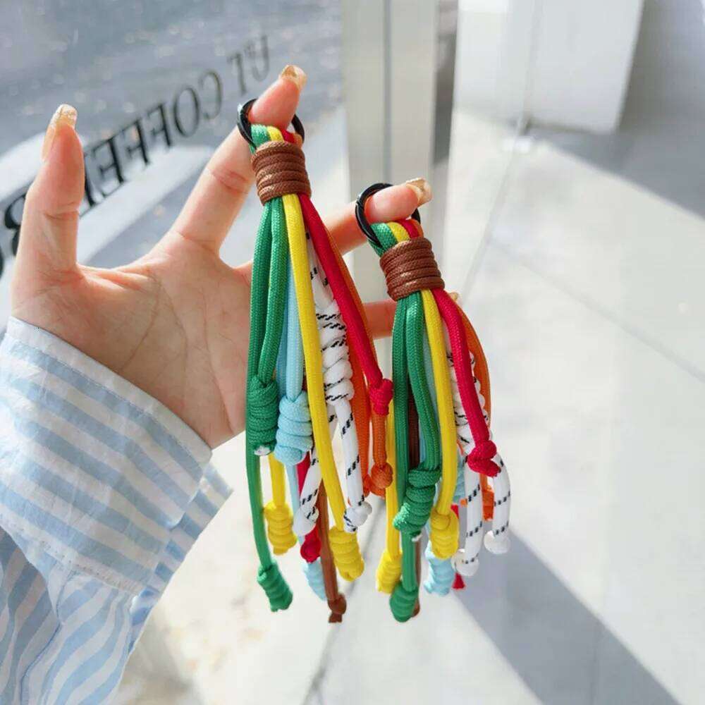 Korean Rainbow Braided Rope Keychain Fashion Bag Accessories Tassel Anti-theft Key Chain Colorful Pendant Gift Keyring X251224