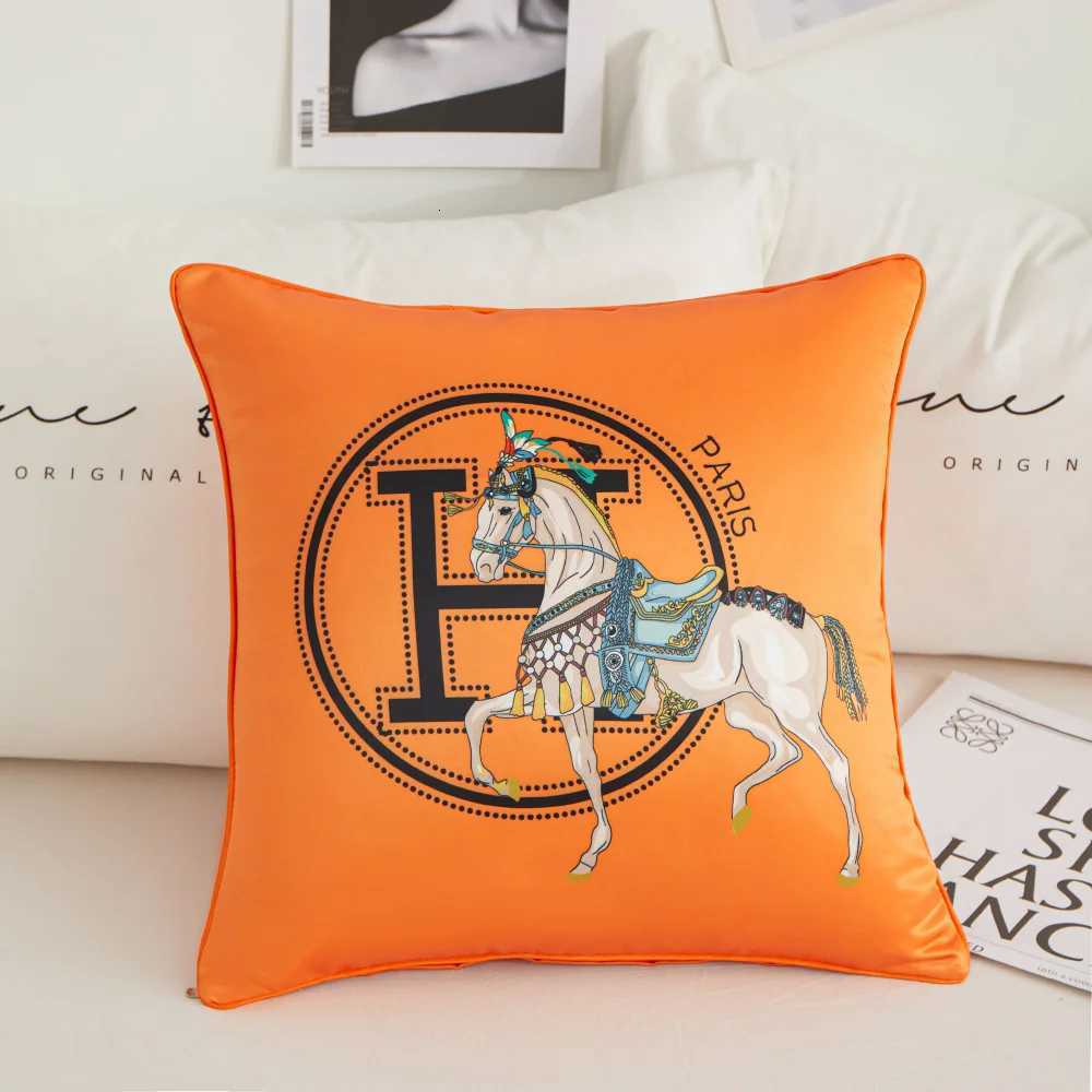luxury Modern Style Satin Cushion Cover Horse Embroidered Letter H case 45x45cm Bedside Office Sofa Waist Home Decor Cushion Case M251224