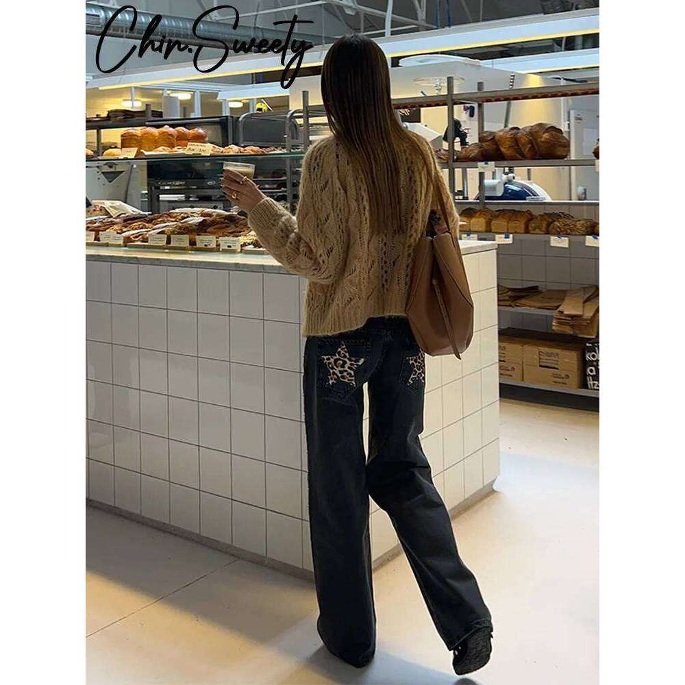 Fashion Leopard Star Print Jeans Women High Waist Zipper Straight Wide Leg Pants 2026 Spring New Lady Casual Streetwear X251224