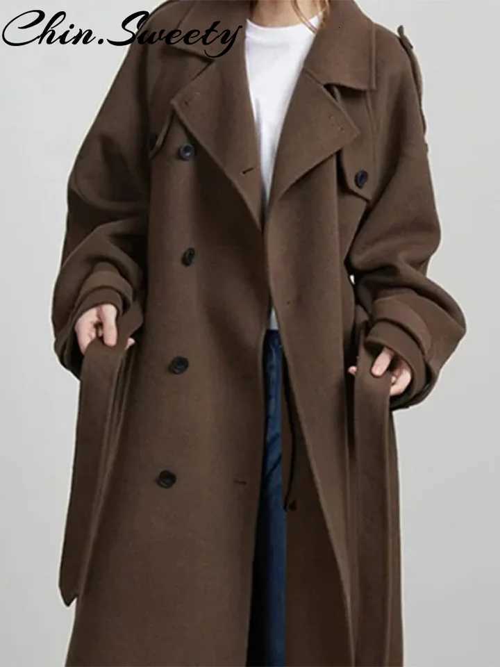 Casual Woolen Women Coat Fashion Doube-Breasted Turn-Down Collar Long Sleeve Female Coats 2025 Autumn Winter Chic Lady OutwearT251224