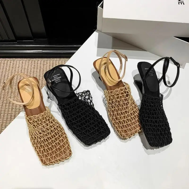 2025 Summer Fashion er Sandals Womens Lace Mesh Square Toe Shallow Narrow Strap Braided Slip-on High Heels Sandals251218