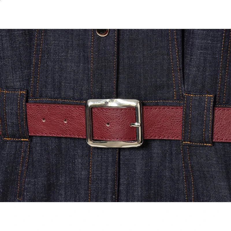 Womens Short Denim Dress Fashion With Belt Turndown Collar Long Sleeves Dresses Vintage Female Elegant Party 251223