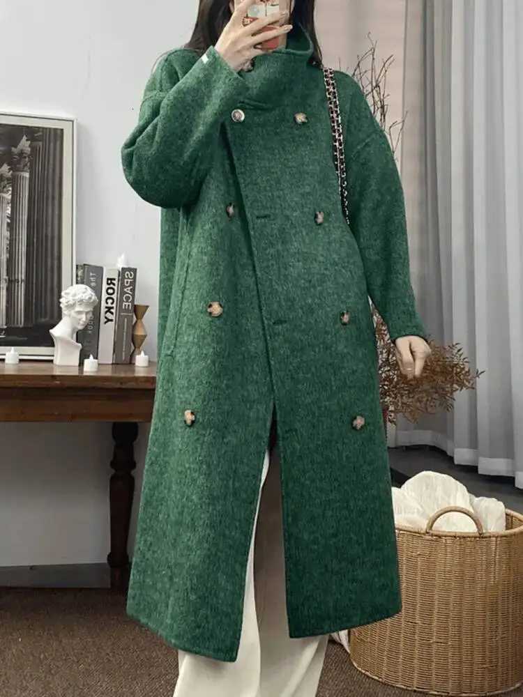 UCXQ Elegant Solid Color Wool Coat For Women Spliced Turtleneck Double Breasted A Line Coats 2025 Winter New Tide 23Z3543T251224