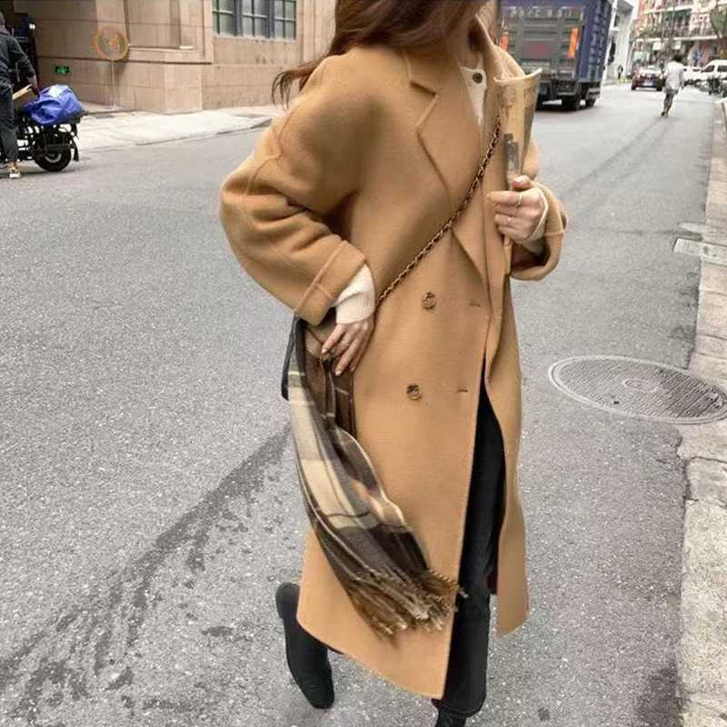 Autumn Winter Womens Elegant Woolen Warm Jacket Coat Fashion Medium Long Camel New In Trench CoatsT251224