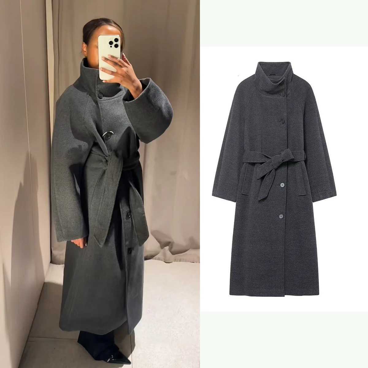 Womens Single Breasted Woolen Loose Overcoat New Long Coat Stand-up Collar Belt Female Autumn Winter Chic Casual OvercoatT251224
