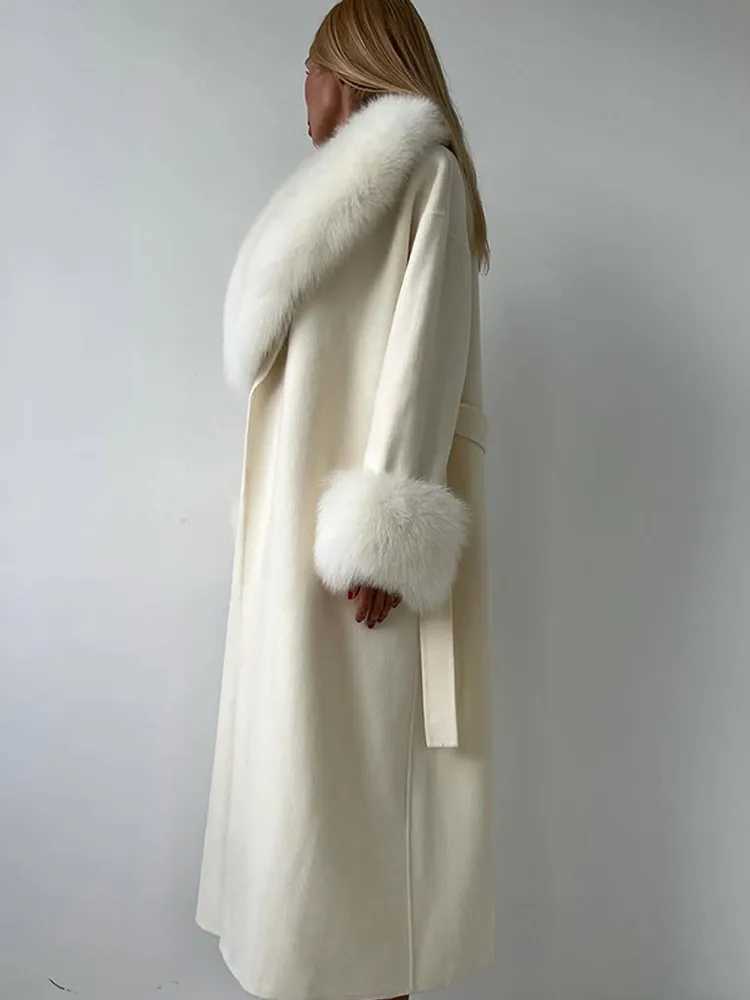 Women Solid Faux Fur Woolen Long Overcoat Patchwork V-neck Full Sleeve Lace Up Loose Coat 2025 Autumn New Lady Commute OutwearT251224