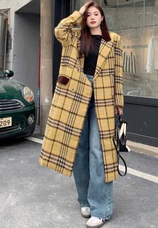 Wool Blend Coats Womens Woolen Coat Thickened Plaid Autumn Corduroy Double-Breasted Collar Gothic Style Club Outings Unique ChicT251224
