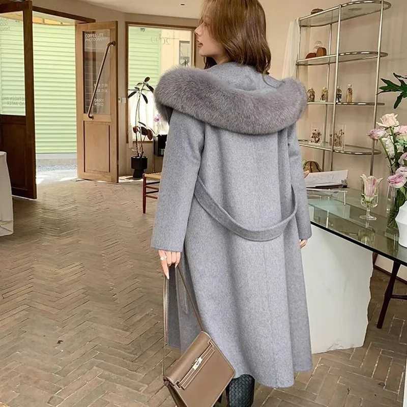 Overcoat 2025 New Fashion Womens Woolen Coat Winter Temperament Large Fur Collar Solid Color Womens Woolen Coat H87T251224