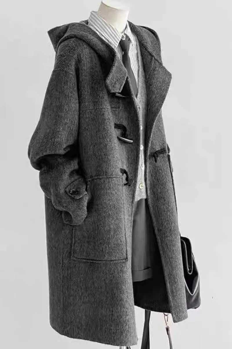 Cow Horn Buckle Gray Woolen Coat For Women 2025 New Autumn And Winter High-End Hooded Loose Woolen CoatT251224