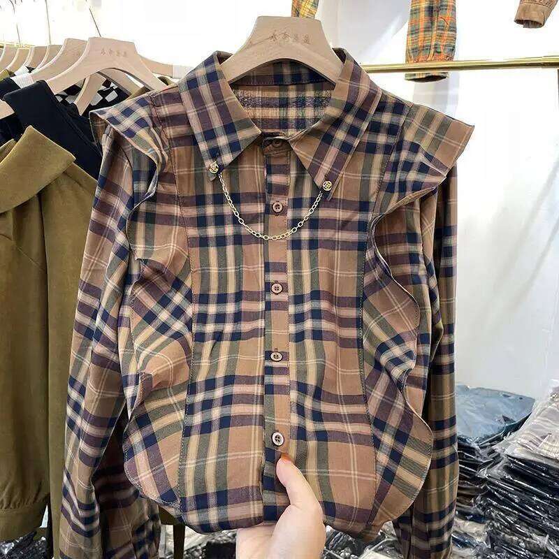 Elegant Women's Plaid Shirt Solid Color Square Collar Long Sleeve Top Versatile Age-Reducing New Arrival Autumn DREAM RECALL
