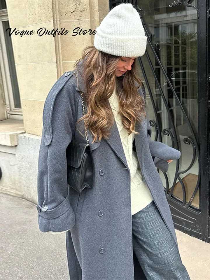 Chic Lace Up Long Woolen Coat Women Gray Double Breasted Lapel Full Sleeve Pocket Coats 2025 Autumn Winter Lady Street OutwearT251224